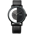 TOMI T-080 Unisex Half Transparent Watch - Black case watch with a split half-transparent and black dial on a black leather strap.