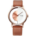 TOMI T-080 Unisex Half Transparent Watch - Rose gold case watch with a split half-transparent and white dial on a brown leather strap.