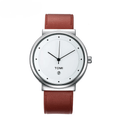 TOMI T-091 Men's Round Dial Watch - Silver bezel watch with a white dial and brown leather strap displayed vertically.