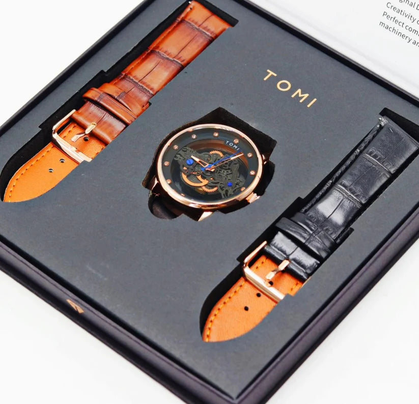 TOMI T-102 Skelton Face Gear Dual Strap Watch - Tomi Watches