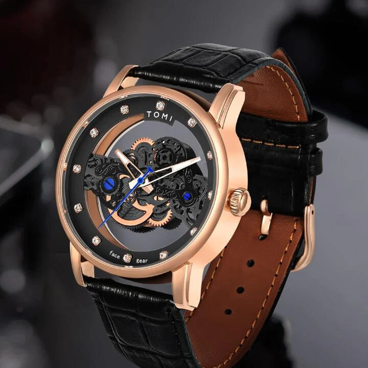 TOMI T-102 Skelton Face Gear Dual Strap Watch - Tomi Watches