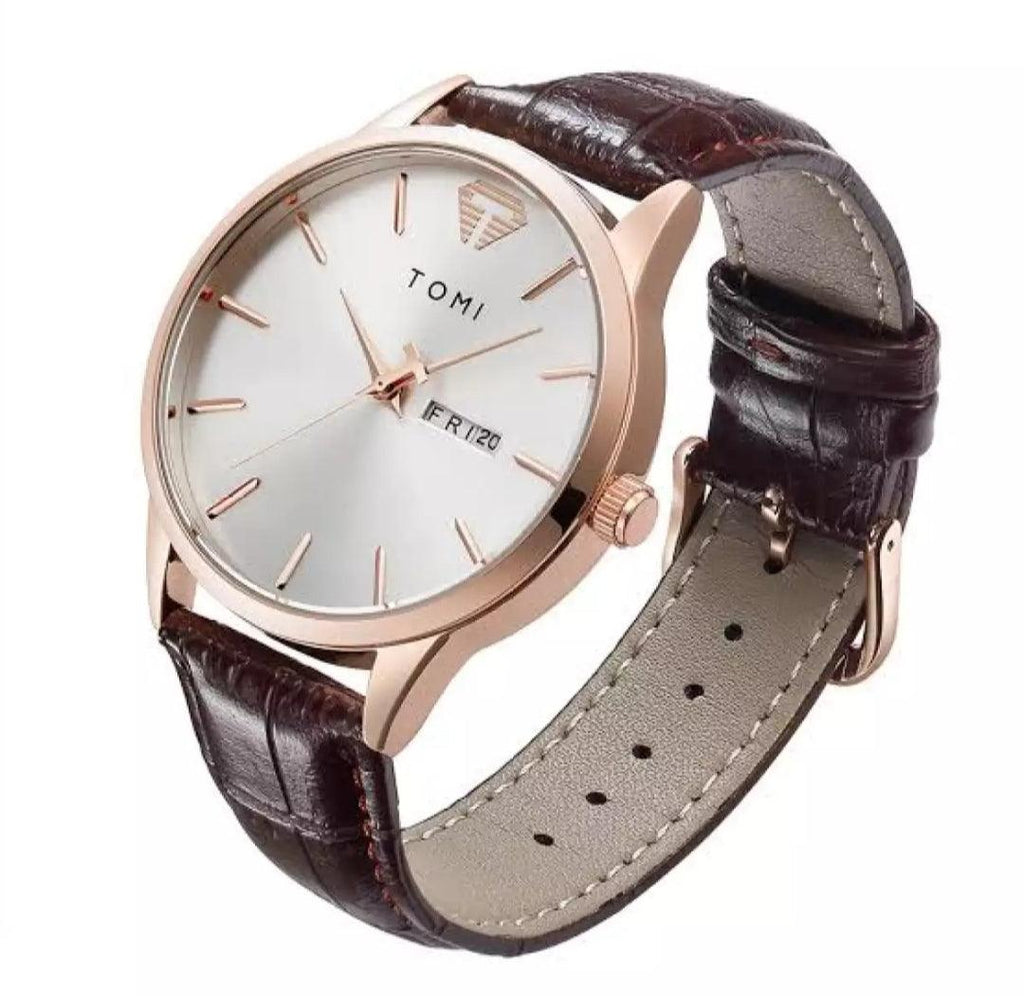 TOMI T-045 Quartz Wrist Watch For Men - Rose gold case watch with a white dial and brown crocodile-textured strap.