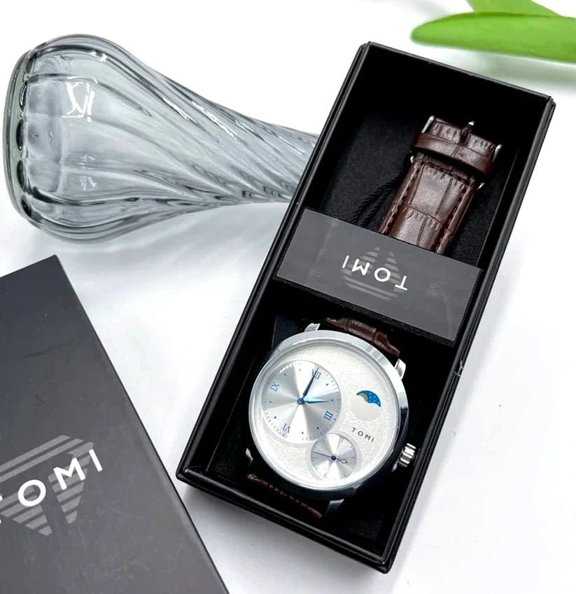 TOMI T-036 Moon Edition chronograph watch in premium TOMI gift box with brown leather strap