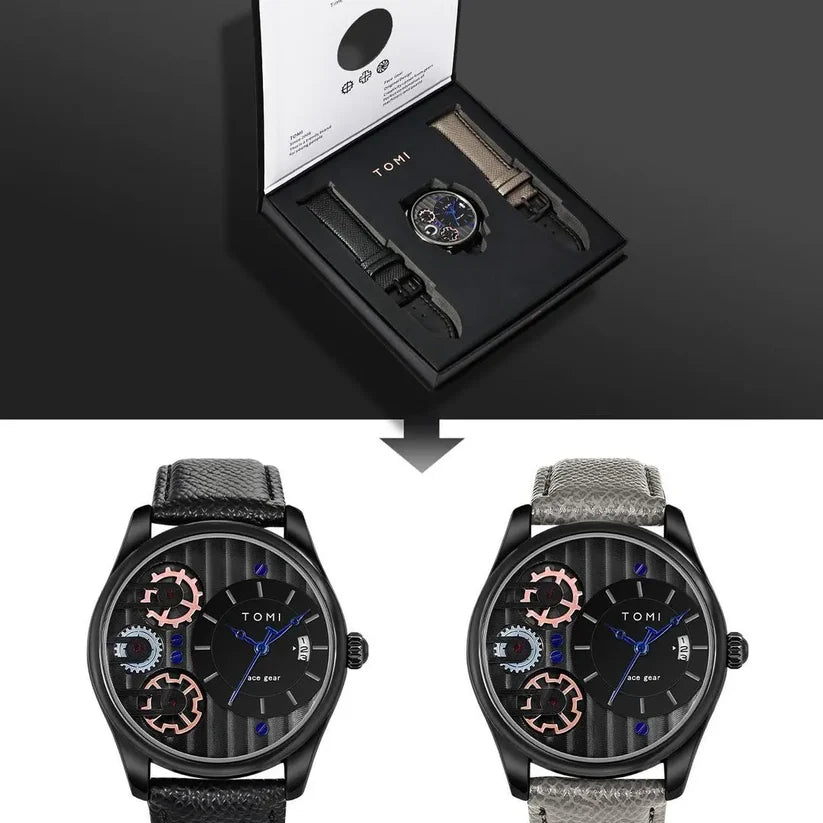 TOMI T-106 Dual Strap Face Gear Luxury Watch - Tomi Watches