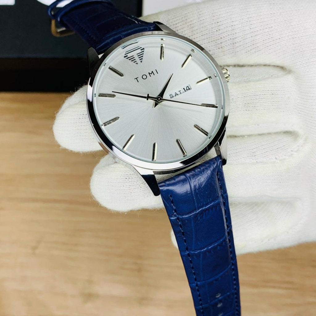 TOMI T-045 Quartz Wrist Watch For Men - Silver case watch with a white dial and blue crocodile-textured leather strap.