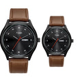 TOMI T-030 Couple Casual Watch – All-black version with contrasting red second hands and brown leather straps.