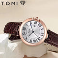 TOMI T-075 dress watch with a rose gold case and a textured brown leather strap
