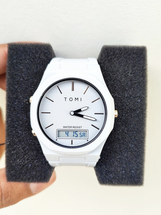 TOMI T-238 waterproof sports watch with white case and dual time display