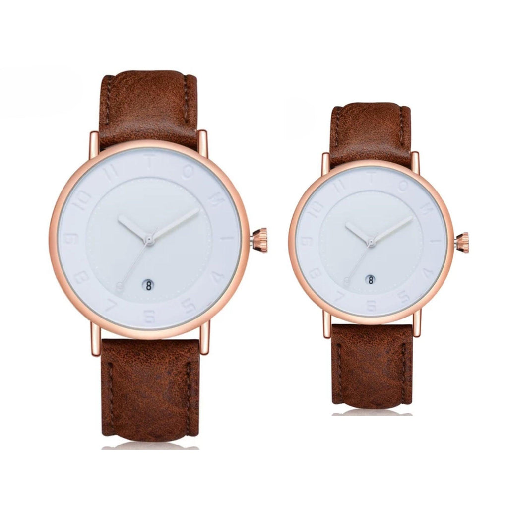 TOMI T-085 Couple Casual Watch Pack of 2 – Rose gold-cased set with white dials and brown leather straps.