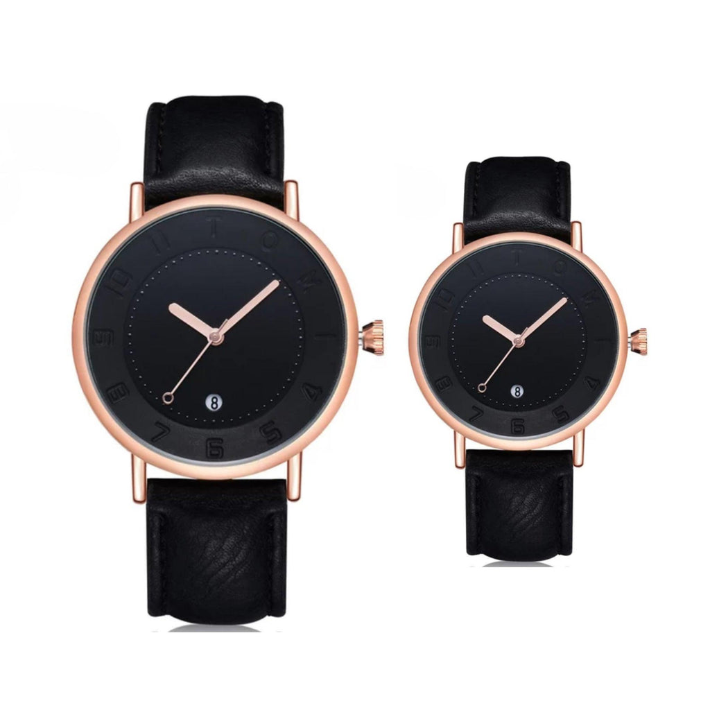 TOMI T-085 Couple Casual Watch Pack of 2 – Rose gold-cased set featuring black dials and matching black leather straps.