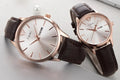 TOMI T-045 casual couple watches with rose gold cases and brown leather straps
