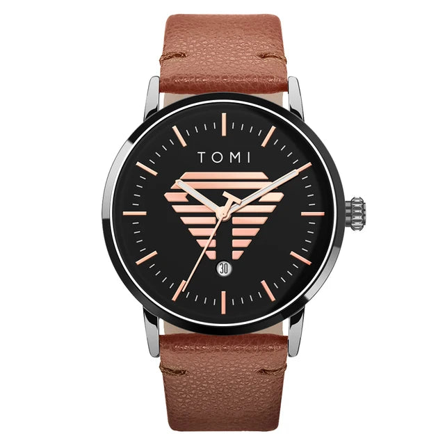 TOMI T-042 men's date quartz watch with black dial and brown leather strap