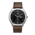 TOMI T-030 Men's Watch – Silver-cased watch with a black dial and brown leather strap.