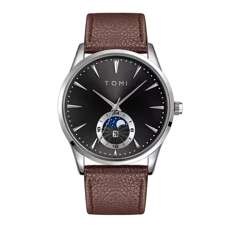 TOMI T-024 black dial watch with brown leather strap product view