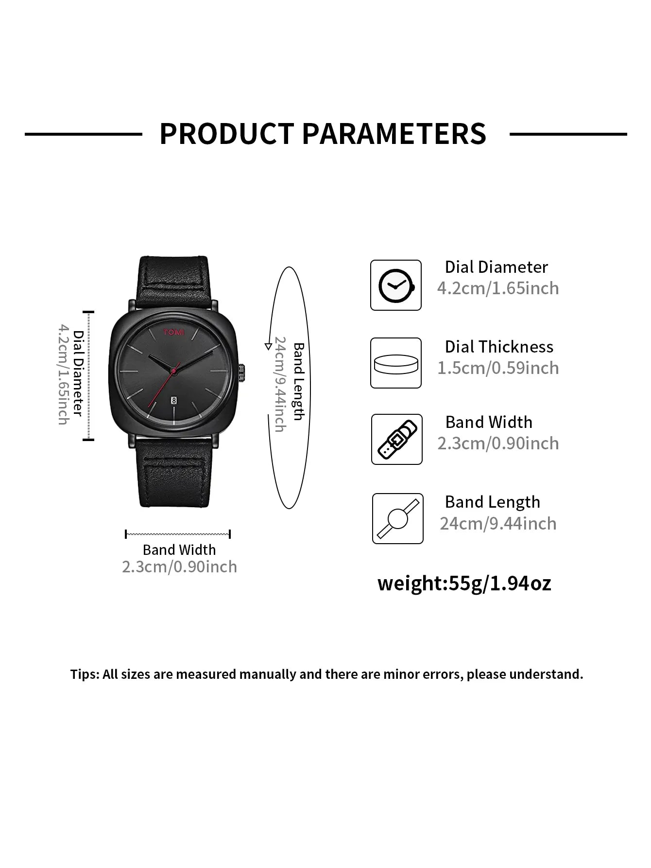 TOMI T-084 Men's Leather Strap Quartz Date Watch - Tomi Watches
