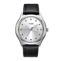 TOMI T-030 Men's Watch – Silver-cased watch with a white dial and black leather strap.