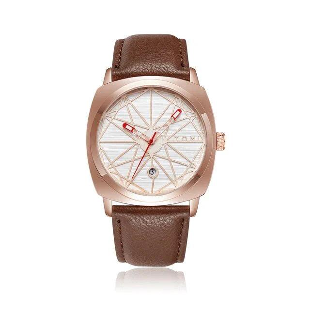 TOMI T-112 Men's Watch Date Quartz Square Dial Leather Straps Brown-RoseGold - Tomi Watches