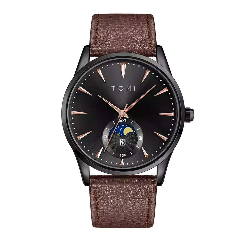 TOMI T-024 men's watch with brown leather strap and black dial front view