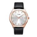 TOMI T-030 Men's Watch – Rose gold-cased model with a white dial and black leather strap.