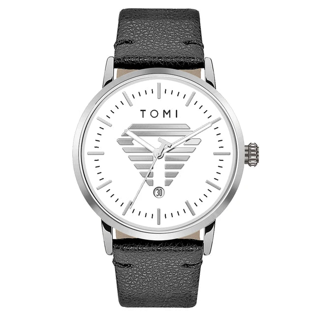 TOMI T-042 men's watch with white dial and black leather strap front view
