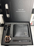 TOMI T-041 Men's Gift Set with Watch, Wallet & Pen with a bronze watch and textured black wallet.