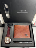 TOMI T-041 Men's Gift Set with Watch, Wallet & Pen featuring a maroon leather strap watch and textured brown wallet