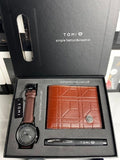 TOMI T-101 3PCS Watch, Wallet & Pen Set displayed in a black presentation gift box