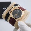 TOMI T-084 Business Watch & Bracelet Set – Rose gold-cased watch featuring a black dial, burgundy leather strap, and a gold-toned cuff bracelet.