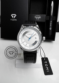 White dial TOMI T-099 men's watch with black leather strap and luxury gift box background