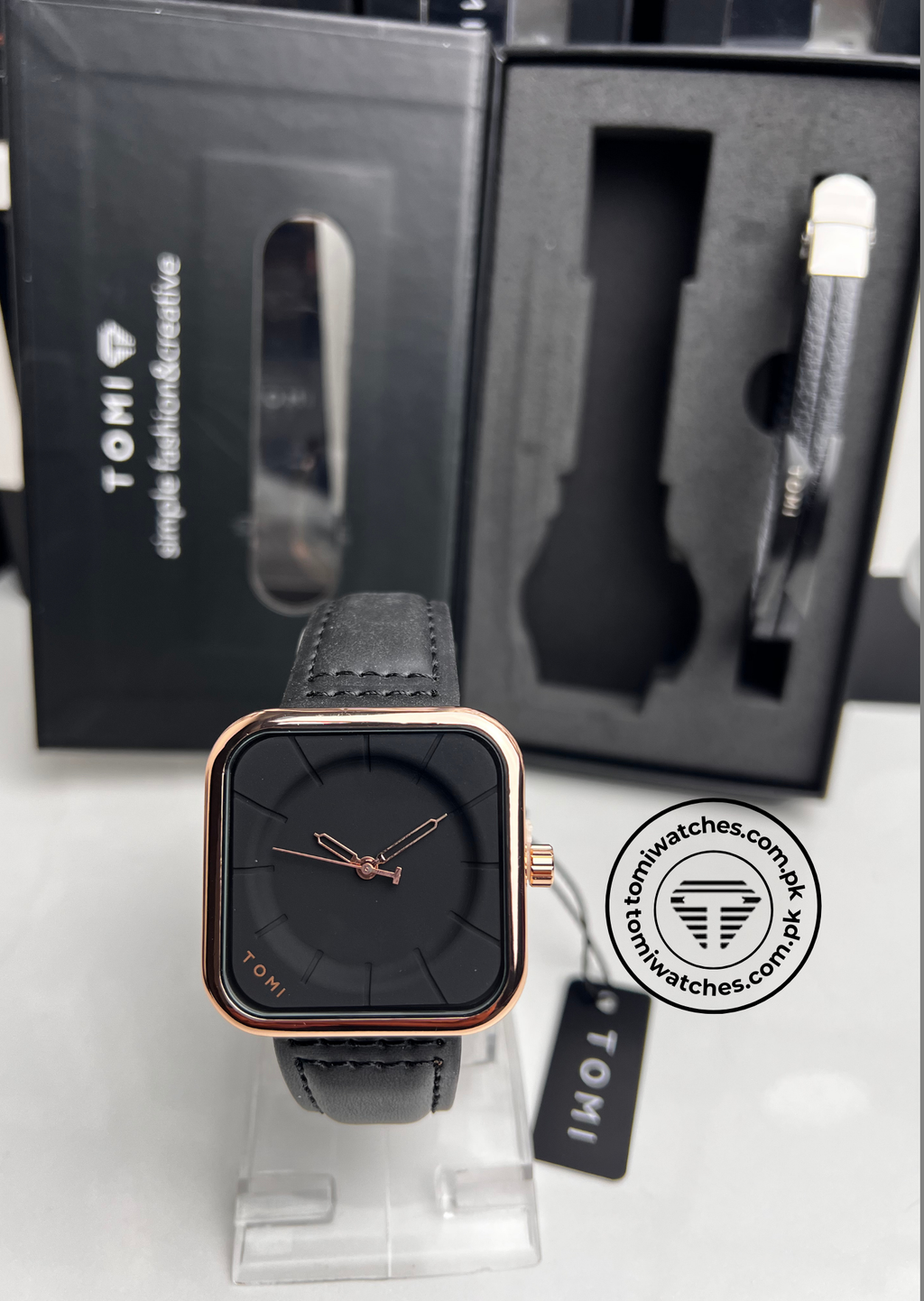 TOMI T-093 rose gold square watch with black leather strap and grey dial