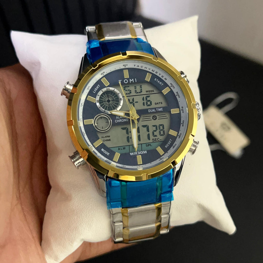 TOMI T-1942 dual time watch gold bezel blue steel strap