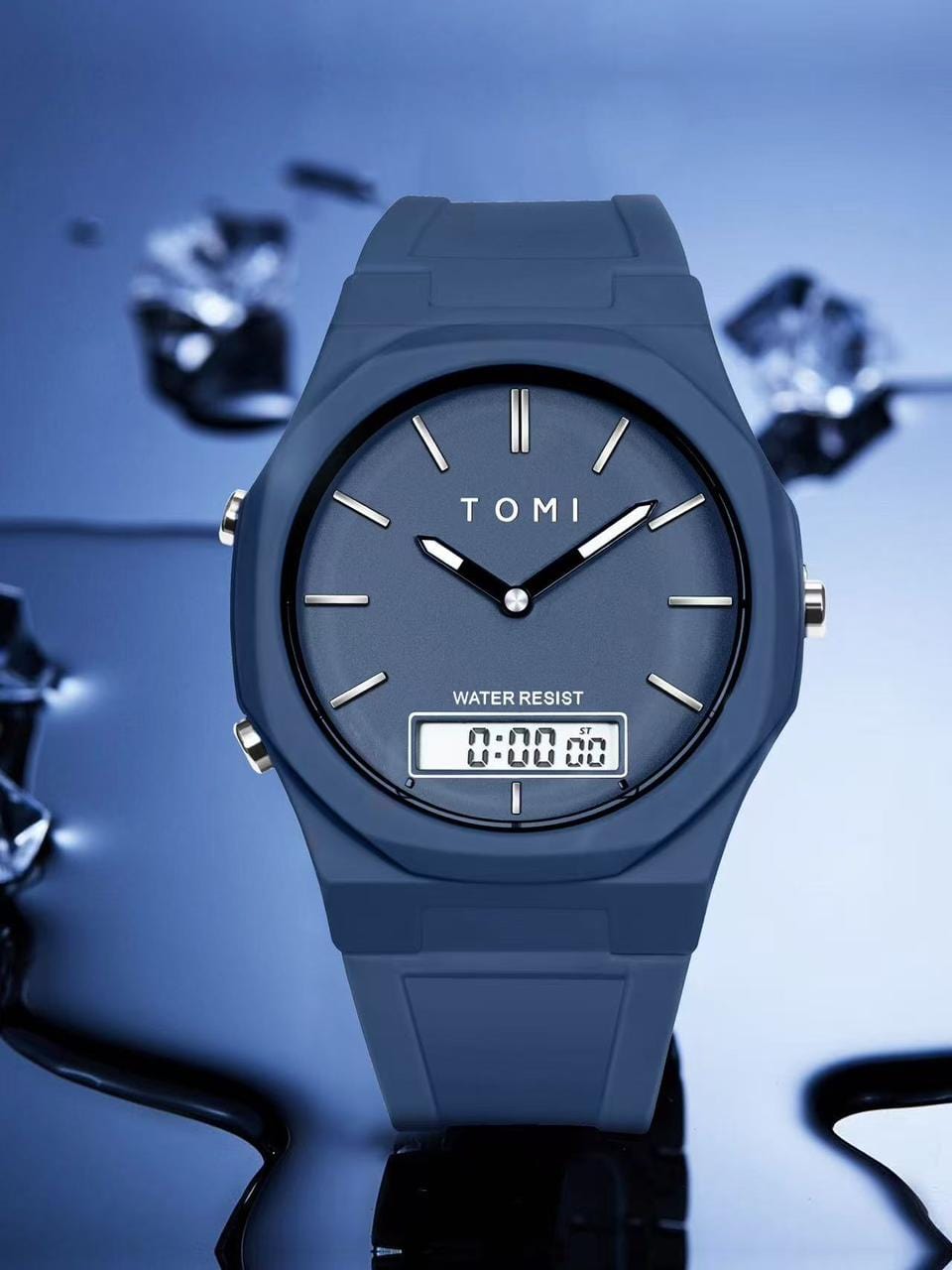 TOMI T-238 waterproof sports watch with blue dual display and silicone strap
