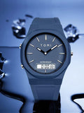 TOMI T-238 waterproof sports watch with blue dual display and silicone strap