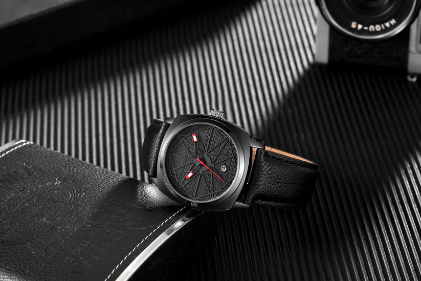 TOMI T-112 Men's Watch Square Dial front view with brown leather strap