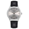 TOMI T-088 Business Quartz Unisex Watch – Silver-cased model featuring a brushed metallic dial, sub-dial, and black leather strap.