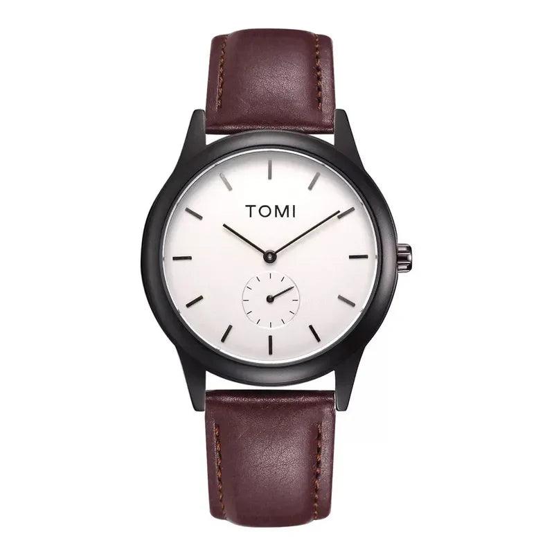 TOMI T-088 Business Quartz Unisex Watch – Black-cased model with a white dial and maroon leather strap.