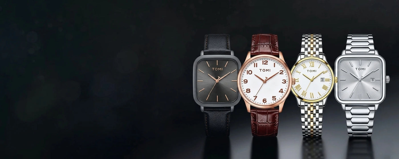 Four watches of different designs and colors on a dark background