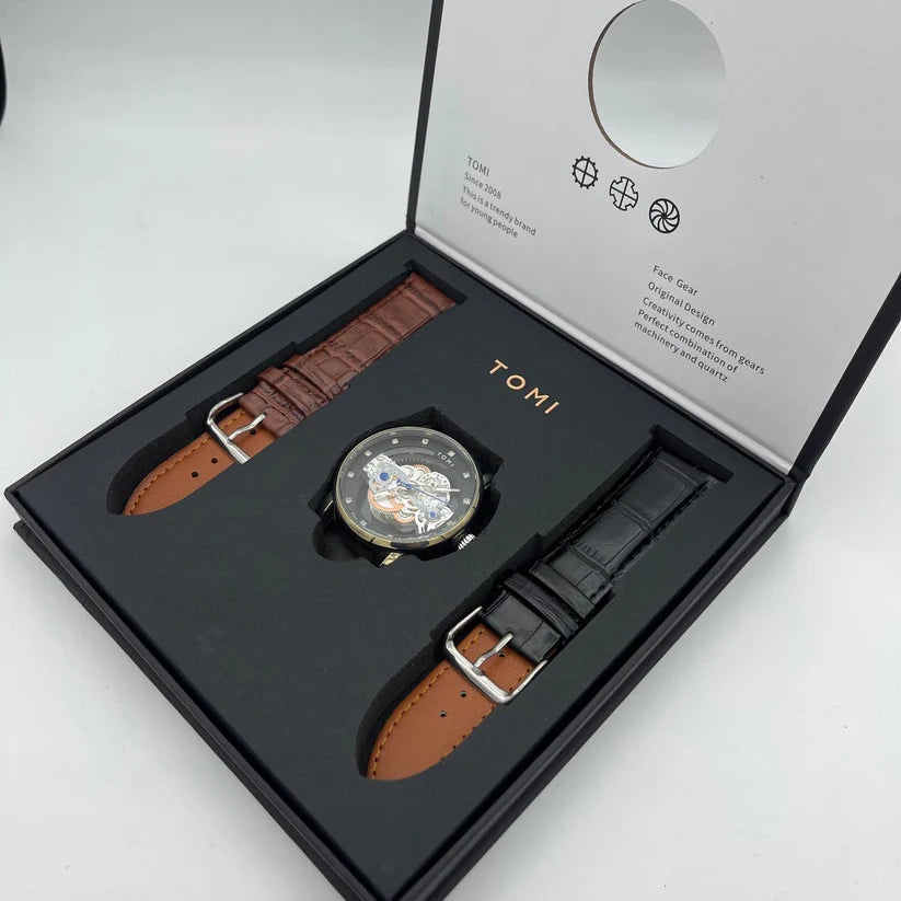 TOMI T-102 Skelton Face Gear Dual Strap Watch - Tomi Watches