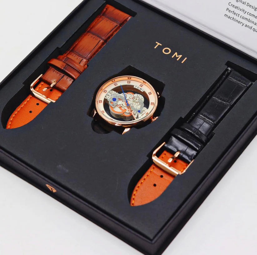 TOMI T-102 Skelton Face Gear Dual Strap Watch - Tomi Watches