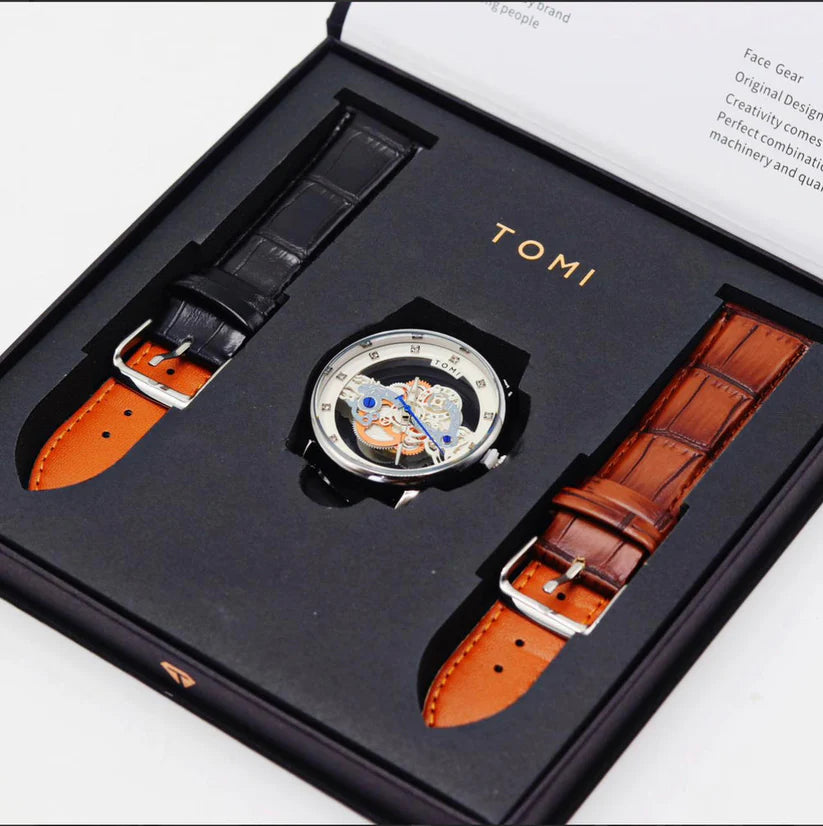 TOMI T-102 Skelton Face Gear Dual Strap Watch - Tomi Watches