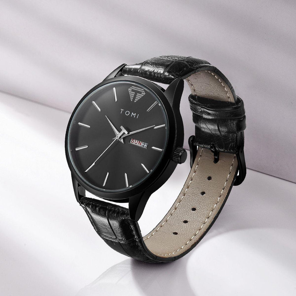 TOMI T-045 Quartz Wrist Watch For Men - Black dial watch with a black leather strap displayed on a white background.
