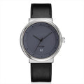 TOMI T-091 Men's Round Dial Watch - Silver case watch with a dark grey dial and black leather strap.