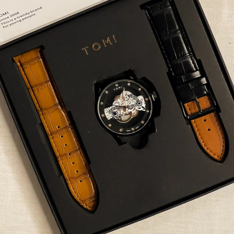 TOMI T-102 Skelton Face Gear Dual Strap Watch - Tomi Watches