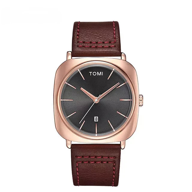 TOMI T-084 Men's Leather Strap Quartz Date Watch - Tomi Watches
