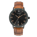 TOMI T-108 Unisex Quartz Date Watch with black dial and brown leather strap