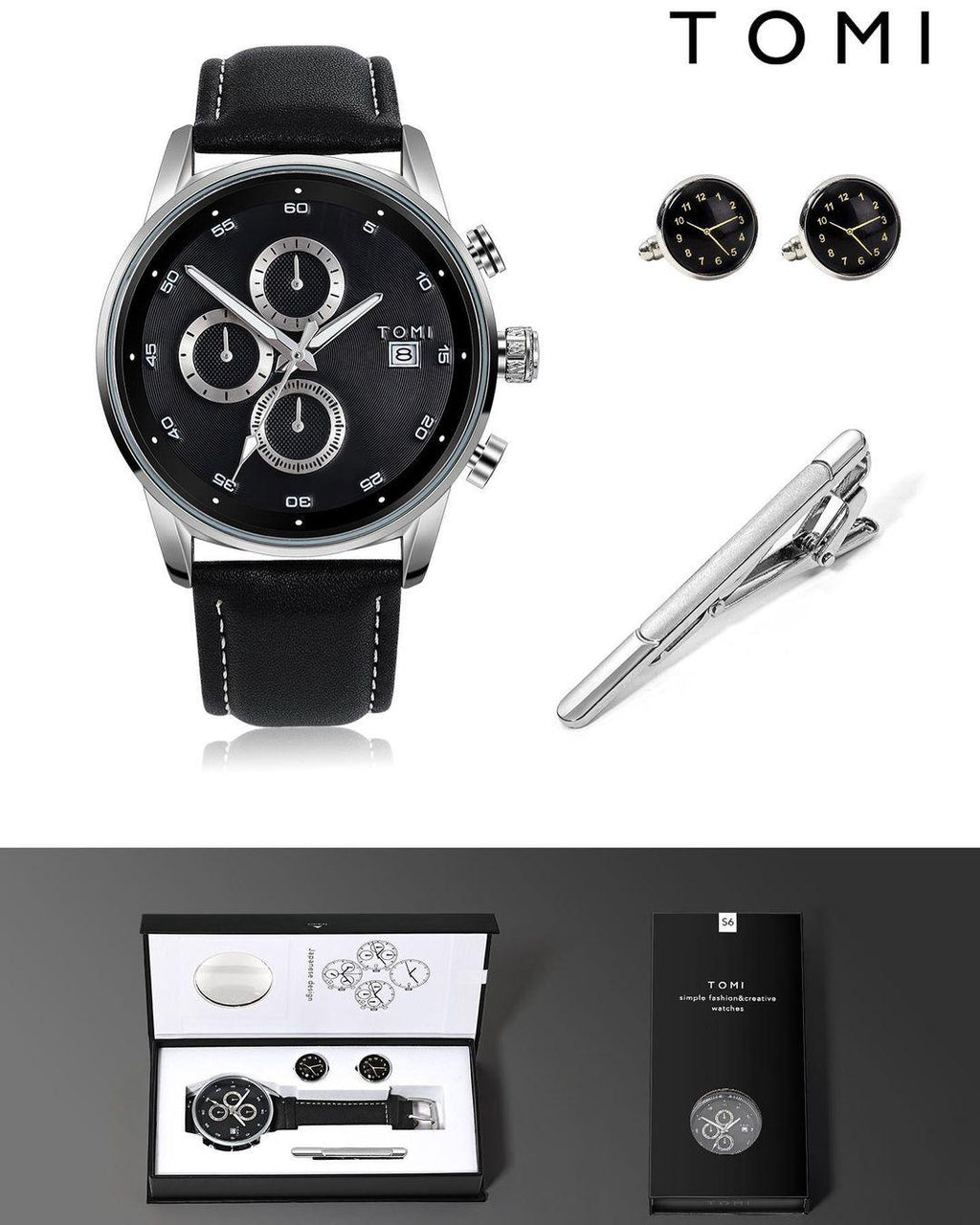 TOMI T-601 Luxury Business Chronograph Watch Tie Pin Cufflinks - Tomi Watches