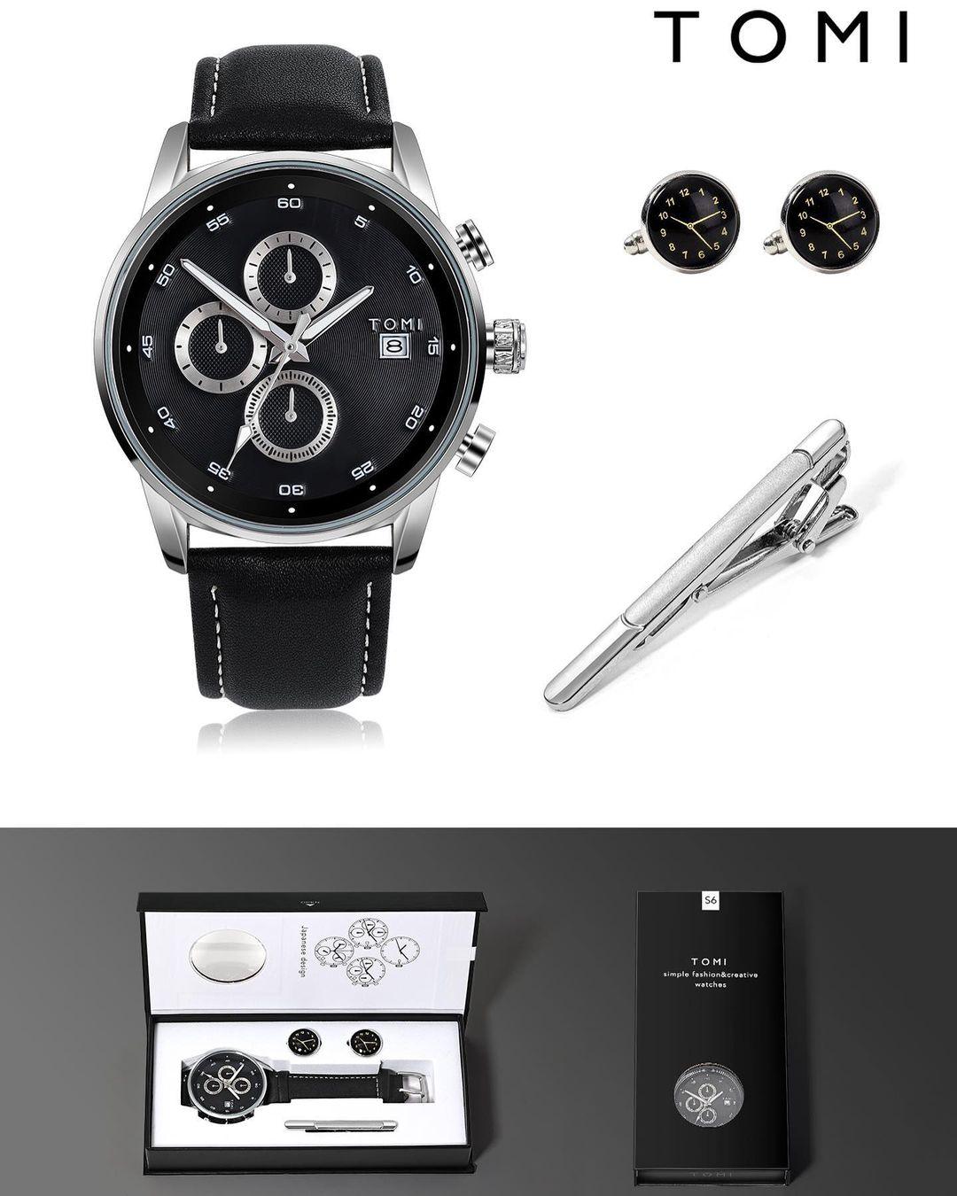 TOMI T-601 Luxury Business Chronograph Watch Tie Pin Cufflinks - Tomi Watches