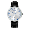 TOMI T-108 Unisex Quartz Date Watch with silver case, white dial, and black strap