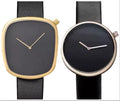 TOMI Couple Watch Leather Straps - Gold-rimmed black dial and rose gold-rimmed black dial couple watches with black leather straps.