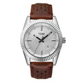TOMI T-098 Men's Business Wrist Watch showing a silver case, white dial, and brown leather strap